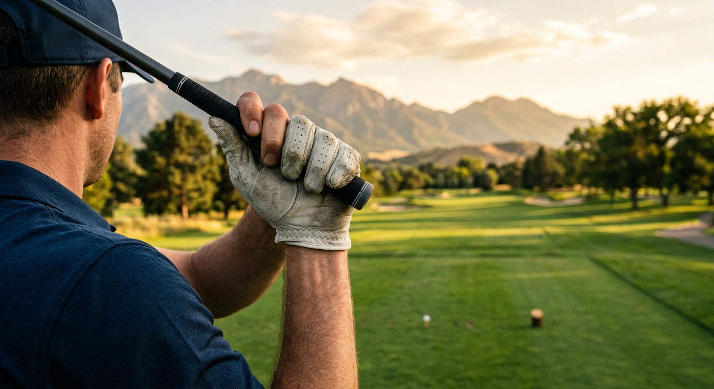 A golfer at the top of the backswing on a sunlit fairway