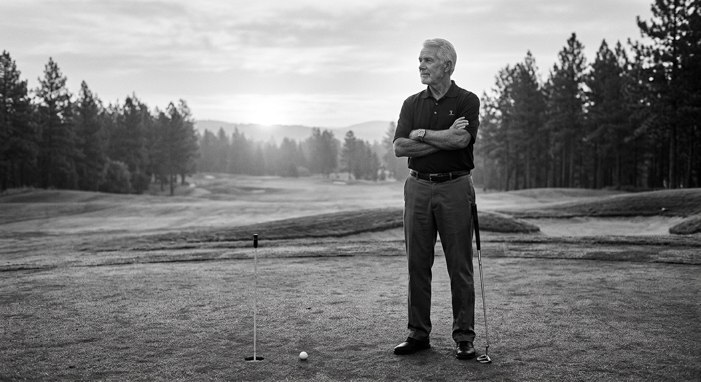 A silver-haired teacher on the putting green at dawn