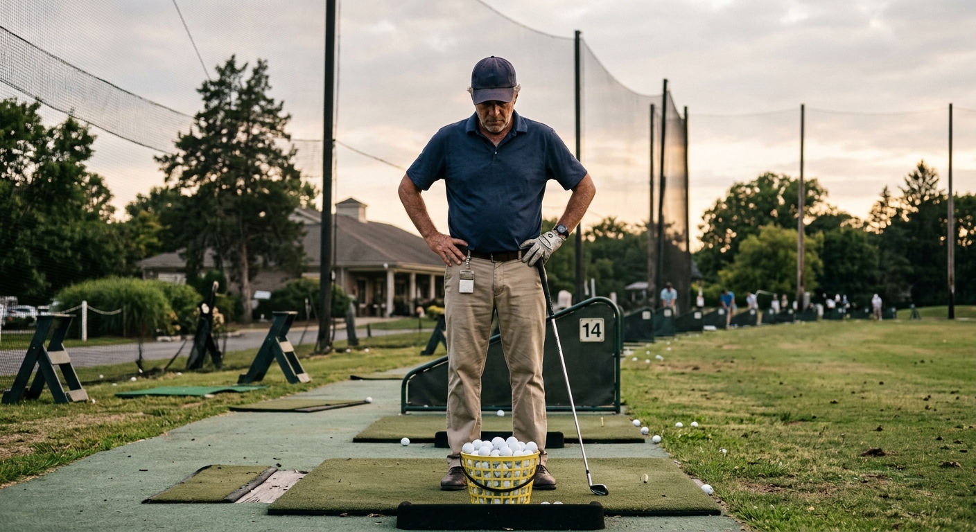 A golfer on the range between buckets of range balls, taking a moment