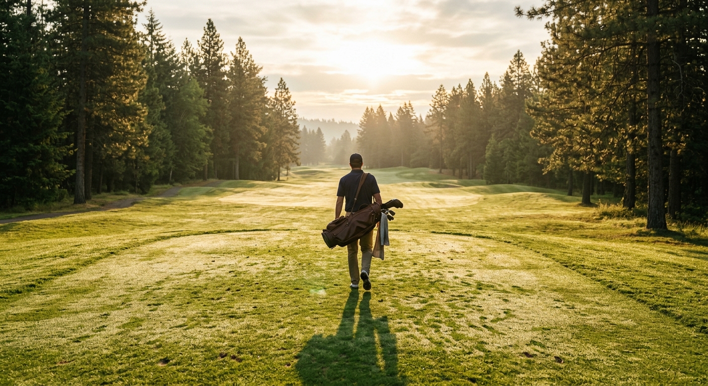 A golfer walking a sunrise fairway, calm and confident