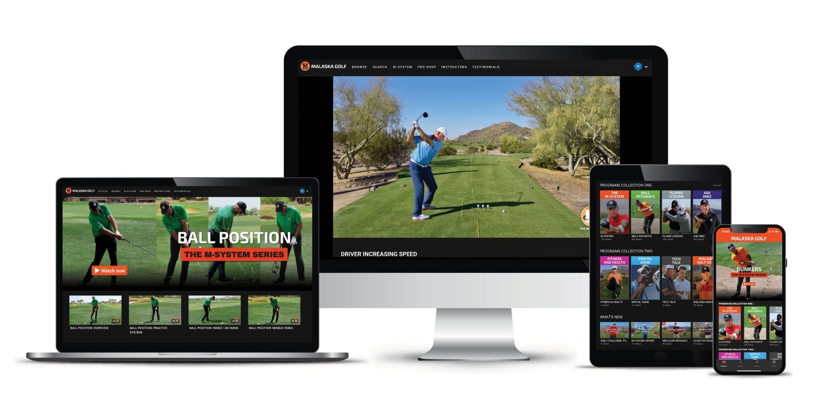 The Malaska Golf platform on desktop, tablet, and phone